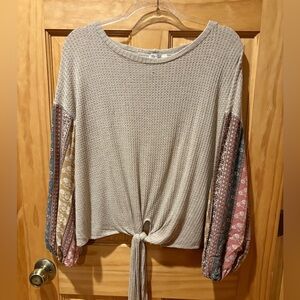 Blue Pepper long-sleeved beige waffle-knit shirt patterned sleeves tie at hem LG